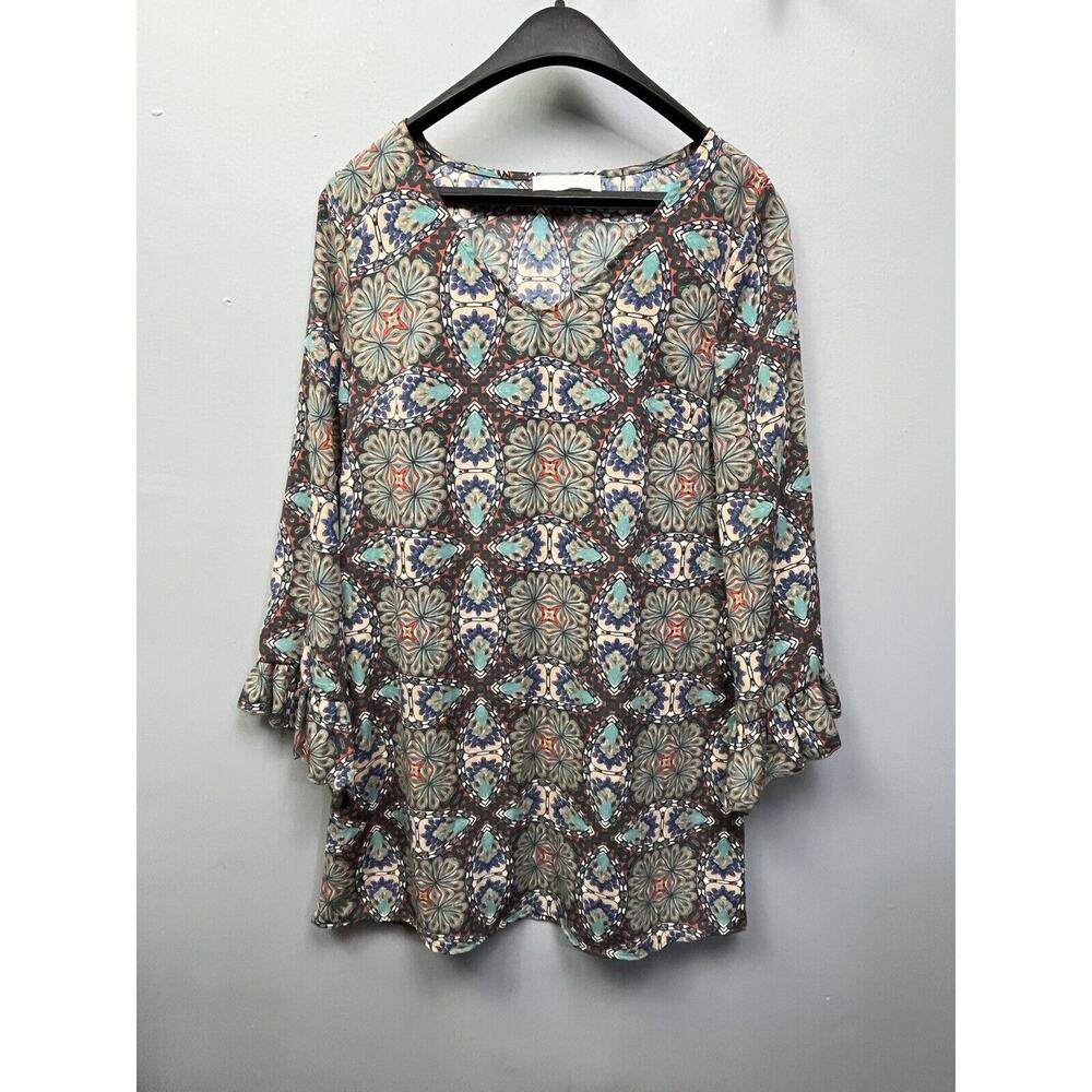 Tilly Anne Dress Womens small multi colored‎ shift ruffled 3/4 sleeves